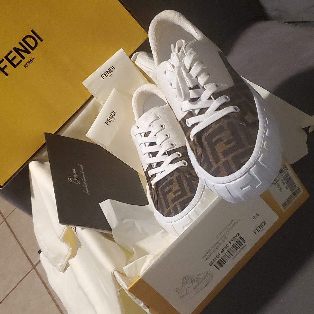 Fendi Force Brown FF Canvas White Platform FF Logo Low Top Trainer Sneaker - Picture 5 of 8